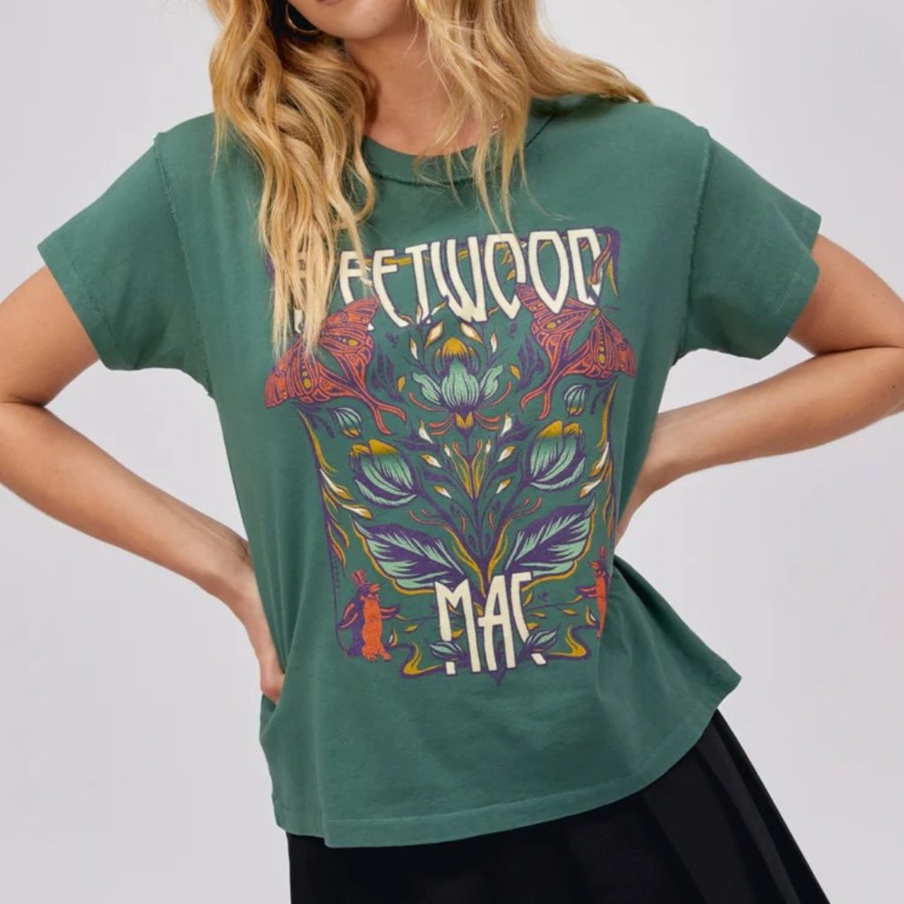 DAYDREAMER FLEETWOOD MAC BUTTERFLIES REVERSE GF TEE IN STORMY GREEN LARGE NWOT